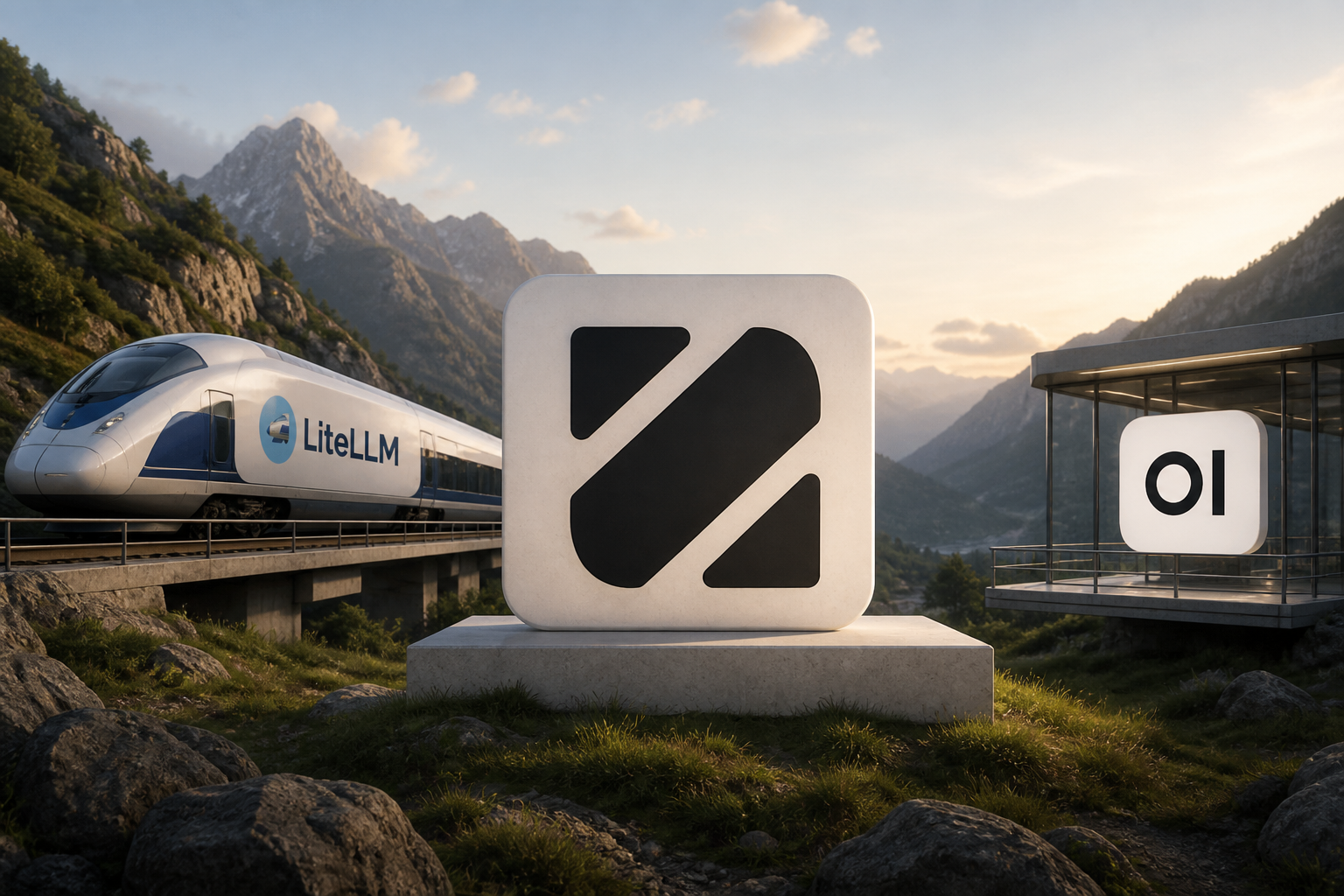 Mountain valley with LiteLLM train, Scalattice logo, and Open WebUI platform