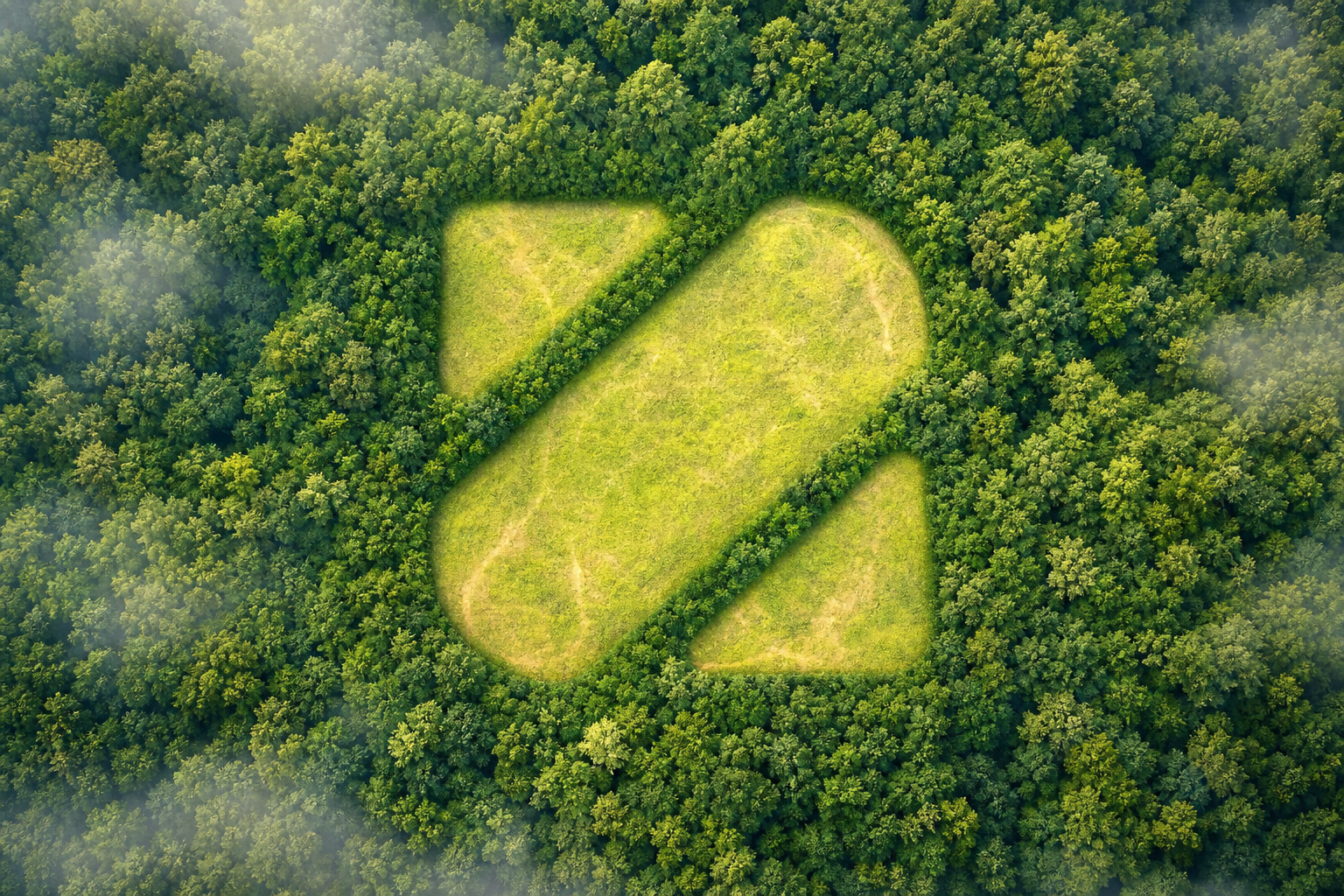 Aerial forest view with a clearing shaped like the Scalattice mark